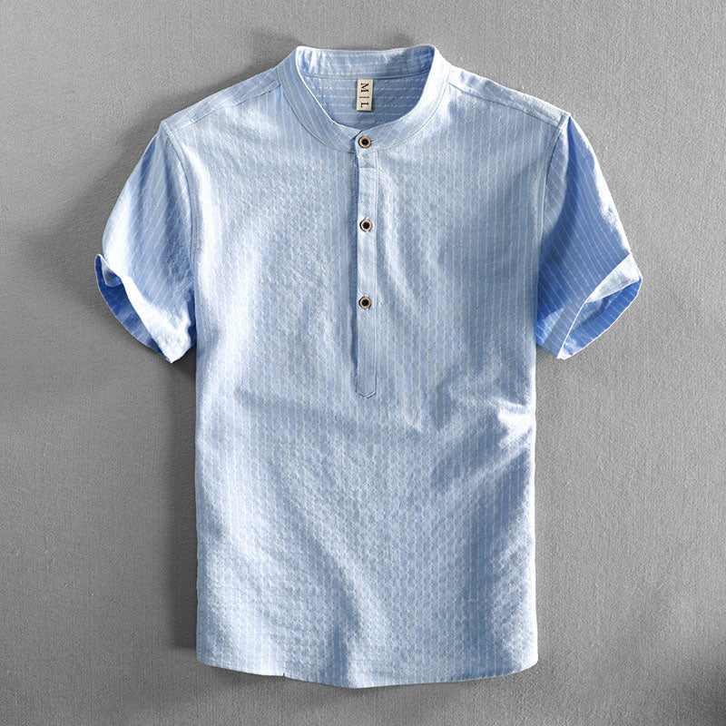 Chemise En Coton Rayé Felix Grant Col Montant Manches Courtes Coupe Décontractée Disponible En Plusieurs Couleurs