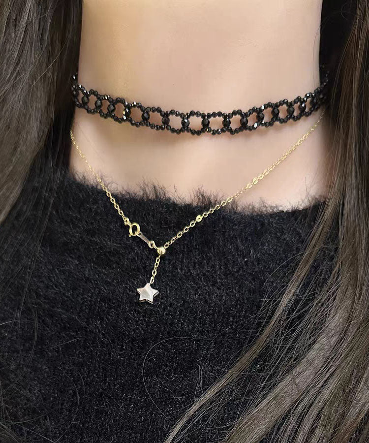 Collier chaîne en alliage de cristal noir fin - Amawinc