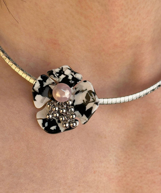 Collier princesse floral en acier inoxydable noir fin - Amawinc