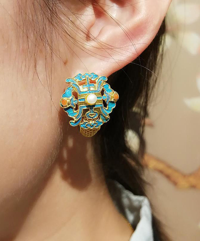 Boucles d'oreilles créoles en or bleu ancien et perles cloisonnées - Amawinc