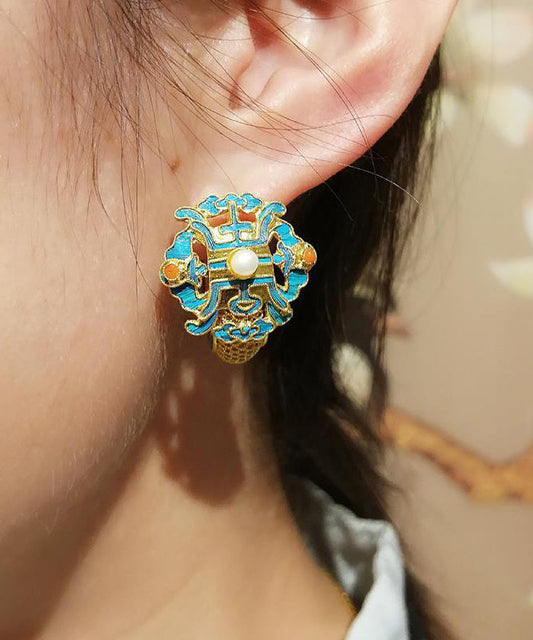 Boucles d'oreilles créoles en or bleu ancien et perles cloisonnées - Amawinc