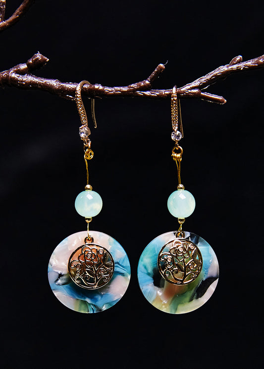 Boucles d'oreilles pendantes de style national en jade circulaire bleu fin - Amawinc