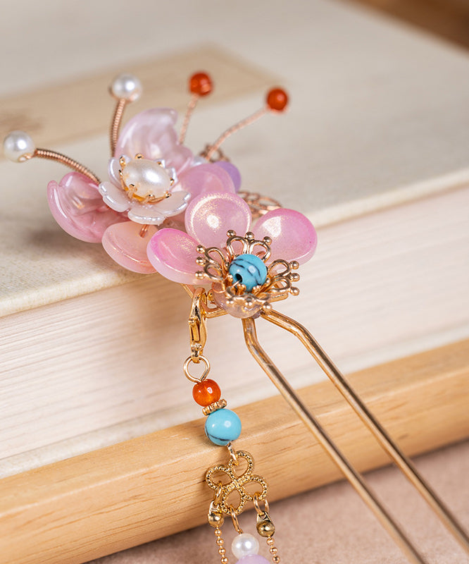Épingle à cheveux à pompon floral en alliage de couleur turquoise et perle - Amawinc