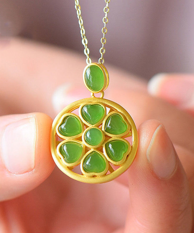 Collier pendentif trèfle à quatre feuilles en jade vert antique en forme de cœur - Amawinc