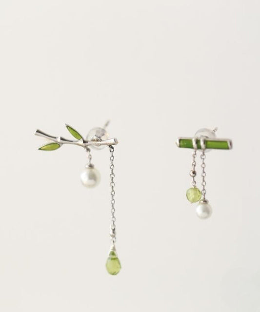Boucles d'oreilles pendantes en argent sterling vert fin incrustées de feuilles de bambou et de perles en forme de goutte d'eau - Amawinc