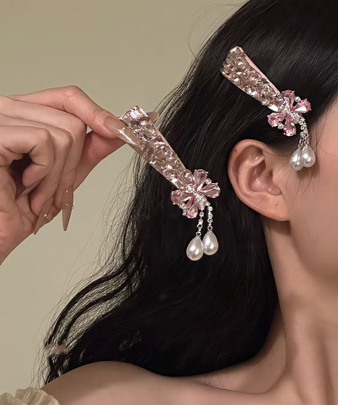 Paire d'épingles à cheveux en alliage rose fin avec papillon et perles de zircone - Amawinc