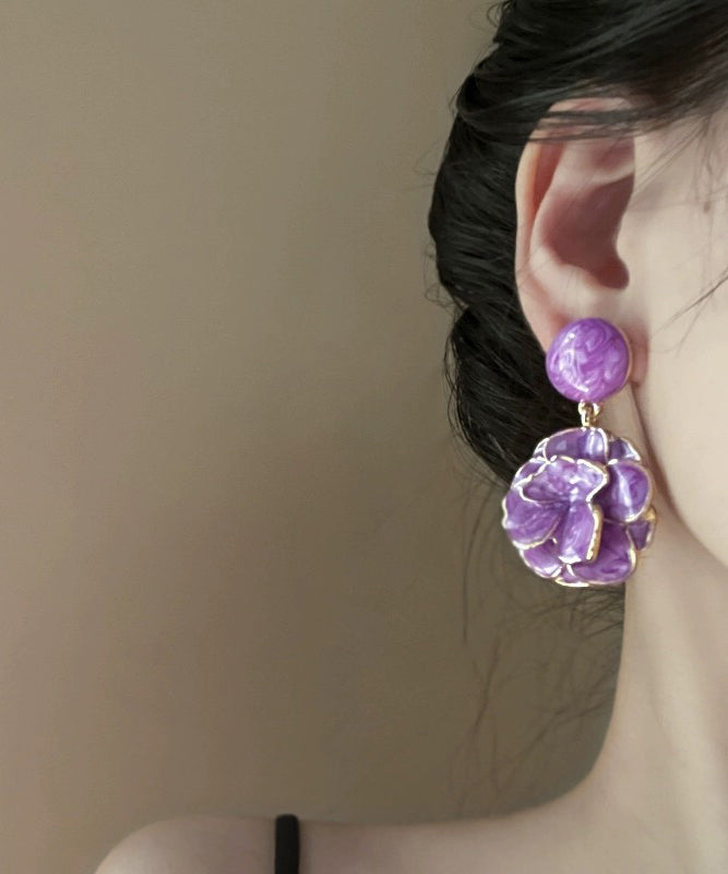 Boucles d'oreilles à tige en alliage d'argent sterling violet fin avec pendentif floral émaillé - Amawinc