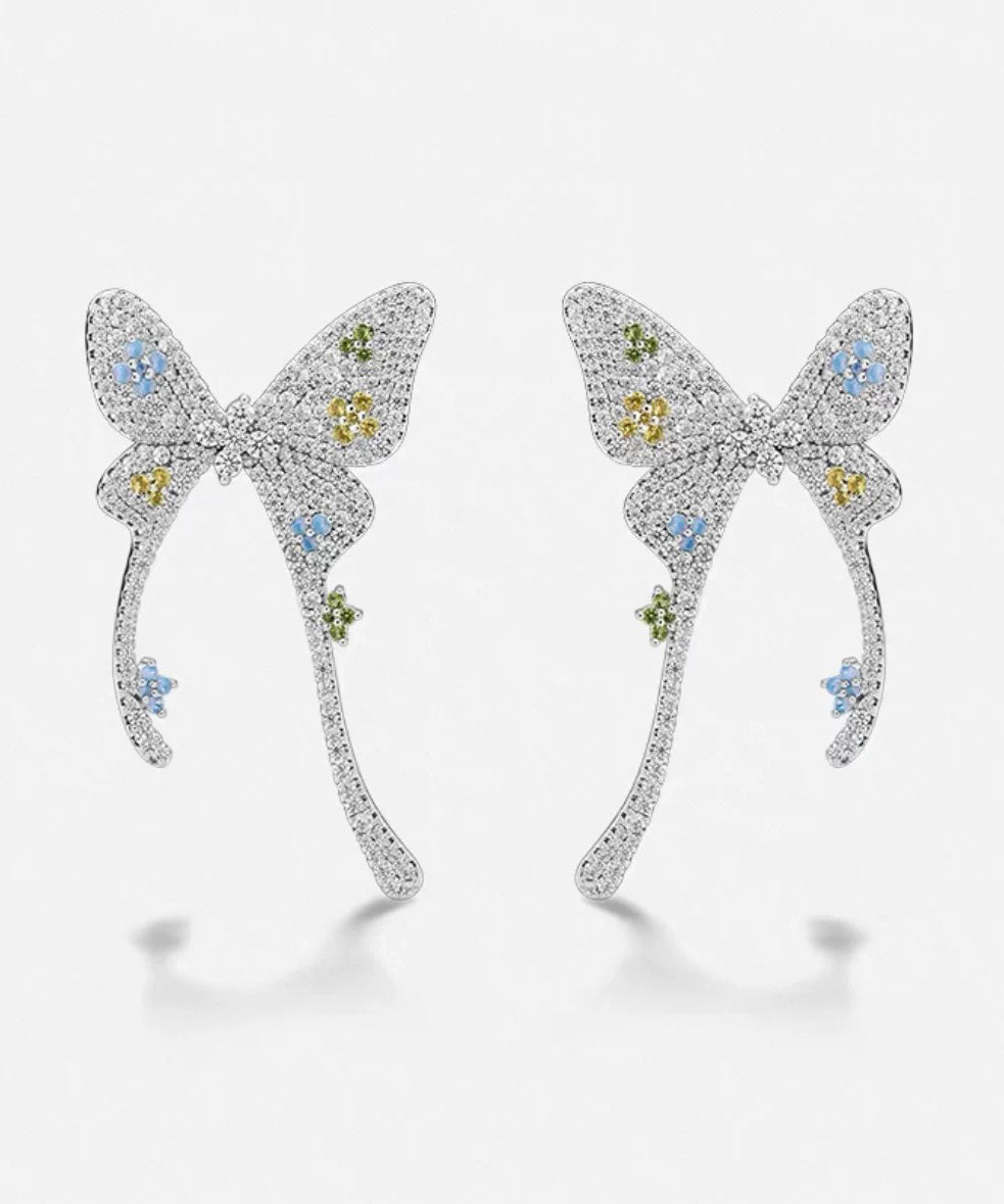Boucles d'oreilles papillon en soie fine, cuivre surdoré et zircon - Amawinc