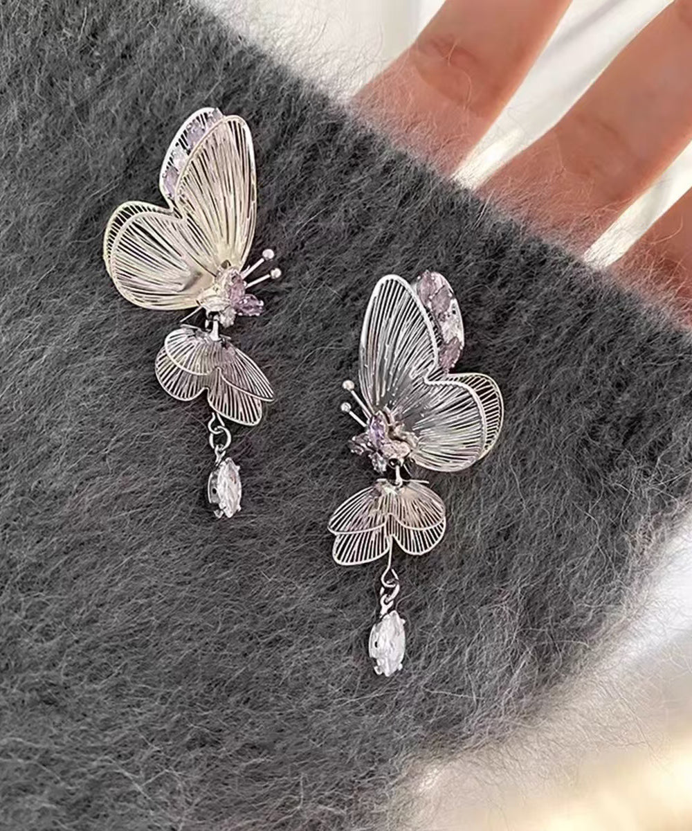 Boucles d'oreilles à tige creuses en soie fine avec zircon en forme de papillon - Amawinc