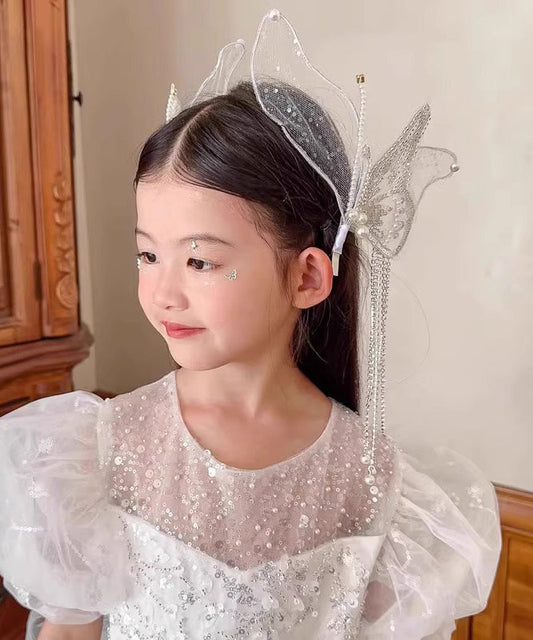 Épingle à cheveux pour enfants en alliage blanc fin avec papillon, tulle et perles - Amawinc