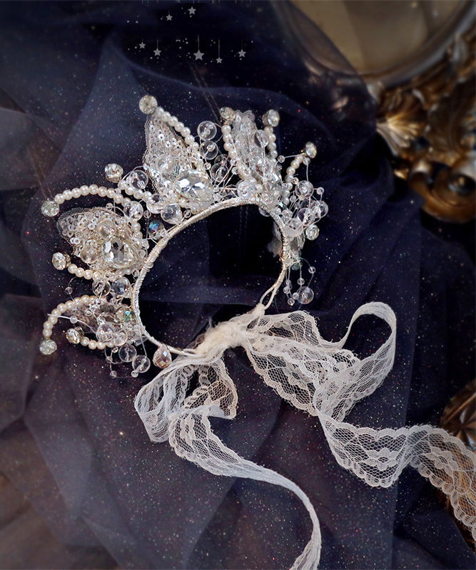 Épingle à cheveux pour enfants en alliage blanc fin, dentelle, cristal de zircon, perles et paillettes - Amawinc