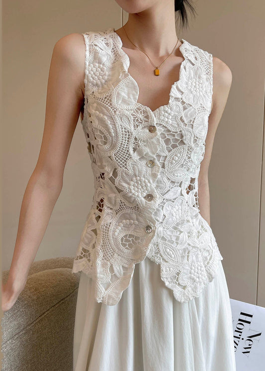 Gilet de plage d'été en dentelle ajourée brodée blanche fine - Amawinc