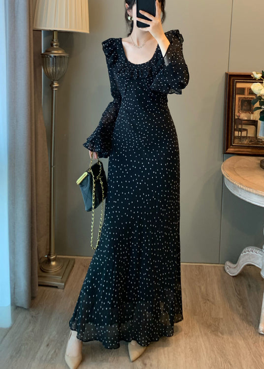 Robe moulante noire en mousseline imprimée à col en U et manches évasées - Amawinc