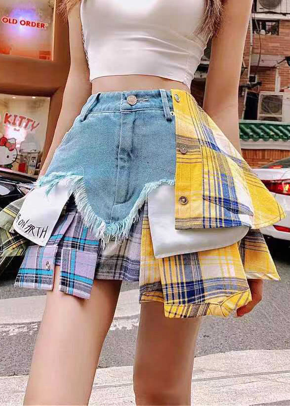 Jupes en jean bleu patchwork asymétriques ajustées pour l'été - Amawinc
