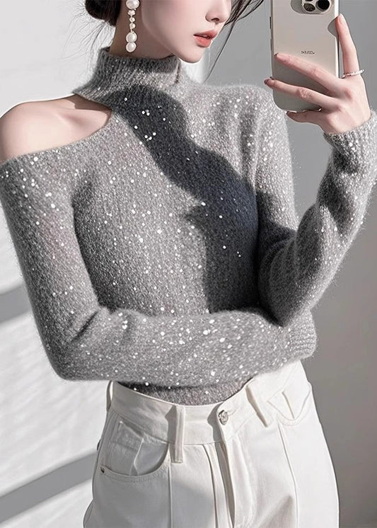 Pulls en tricot gris ajustés à épaules dénudées et paillettes, printemps - Amawinc