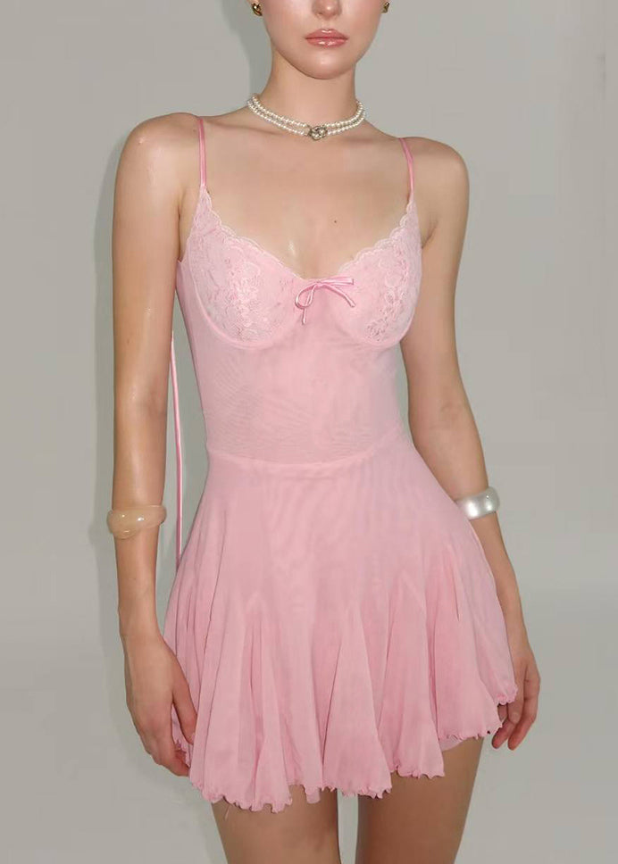 Mini-robes d'été en tulle rose, ajustées, dos nu, à lacets et patchwork - Amawinc