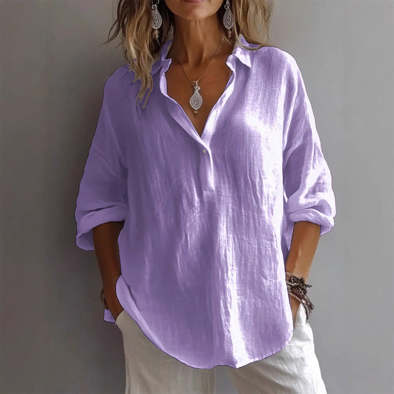Chemise Décontractée En Lin Fleur Pour Été Drape Léger Et Col Classique À Demi Ouverture