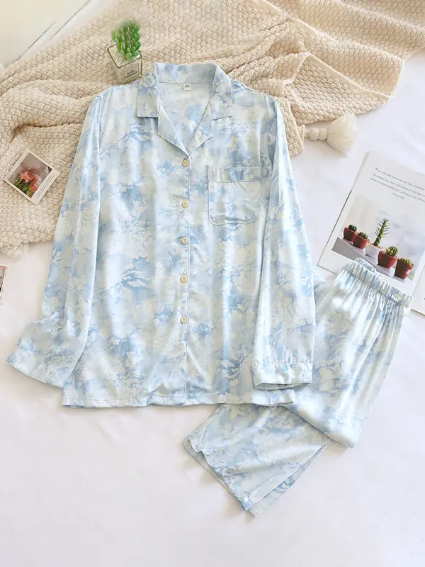 Ensemble Pyjama Floral pour Femme Deux Pièces Élégant Confortable Dormir et se Détendre