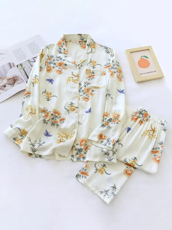 Ensemble Pyjama Floral pour Femme Deux Pièces Élégant Confortable Dormir et se Détendre