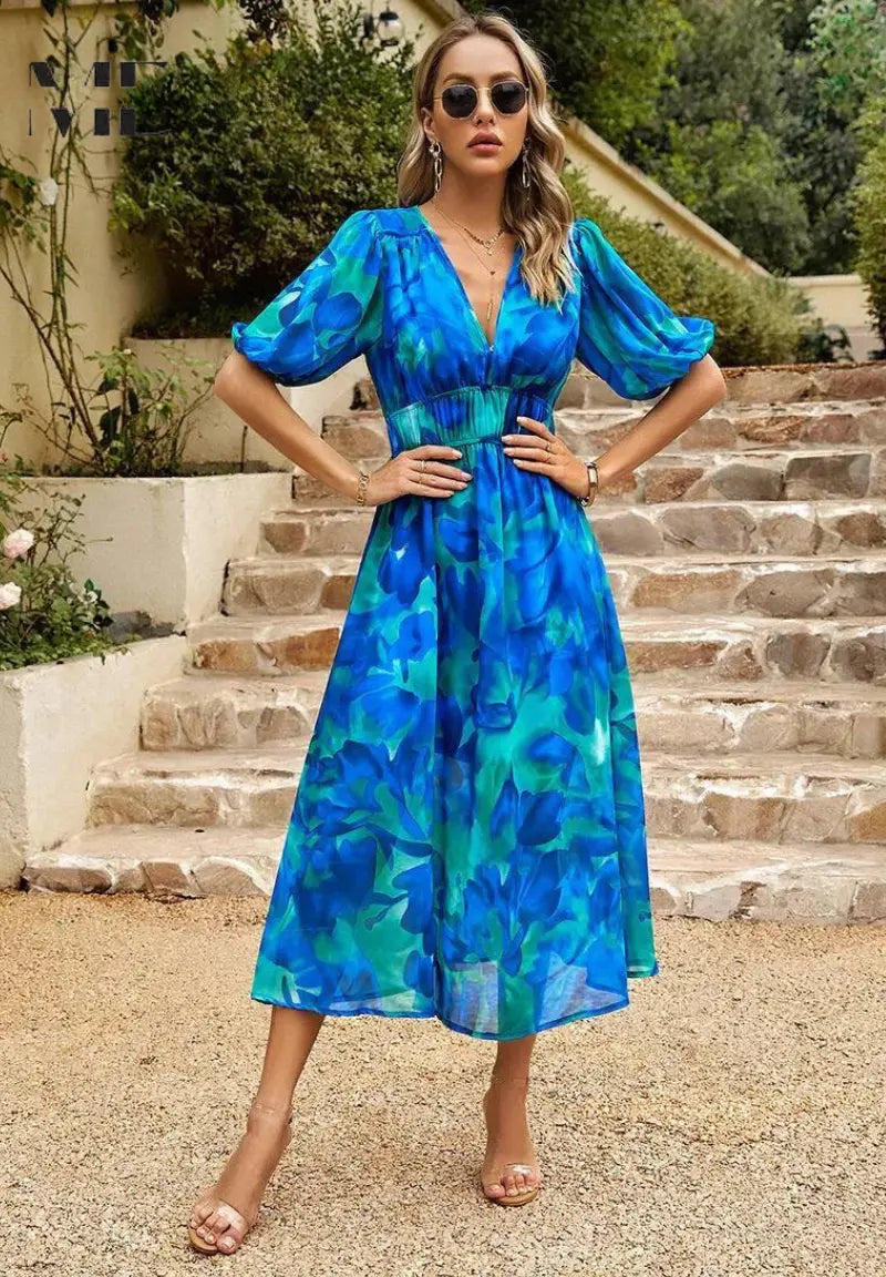 Robe Midi Florale pour Femme Élégante et Décontractée avec Motif Floral Vivant pour Printemps Été