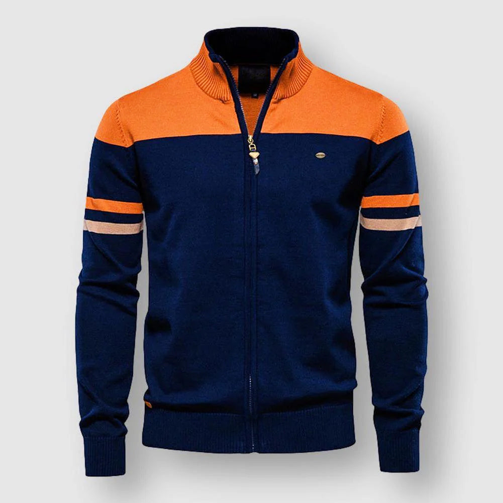 Cardigan Hamptons Essence François Blanchet avec Rayures Contrastées aux Manches et Variation de Couleur
