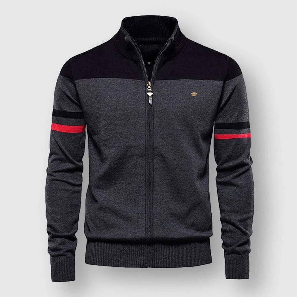 Cardigan Hamptons Essence François Blanchet avec Rayures Contrastées aux Manches et Variation de Couleur