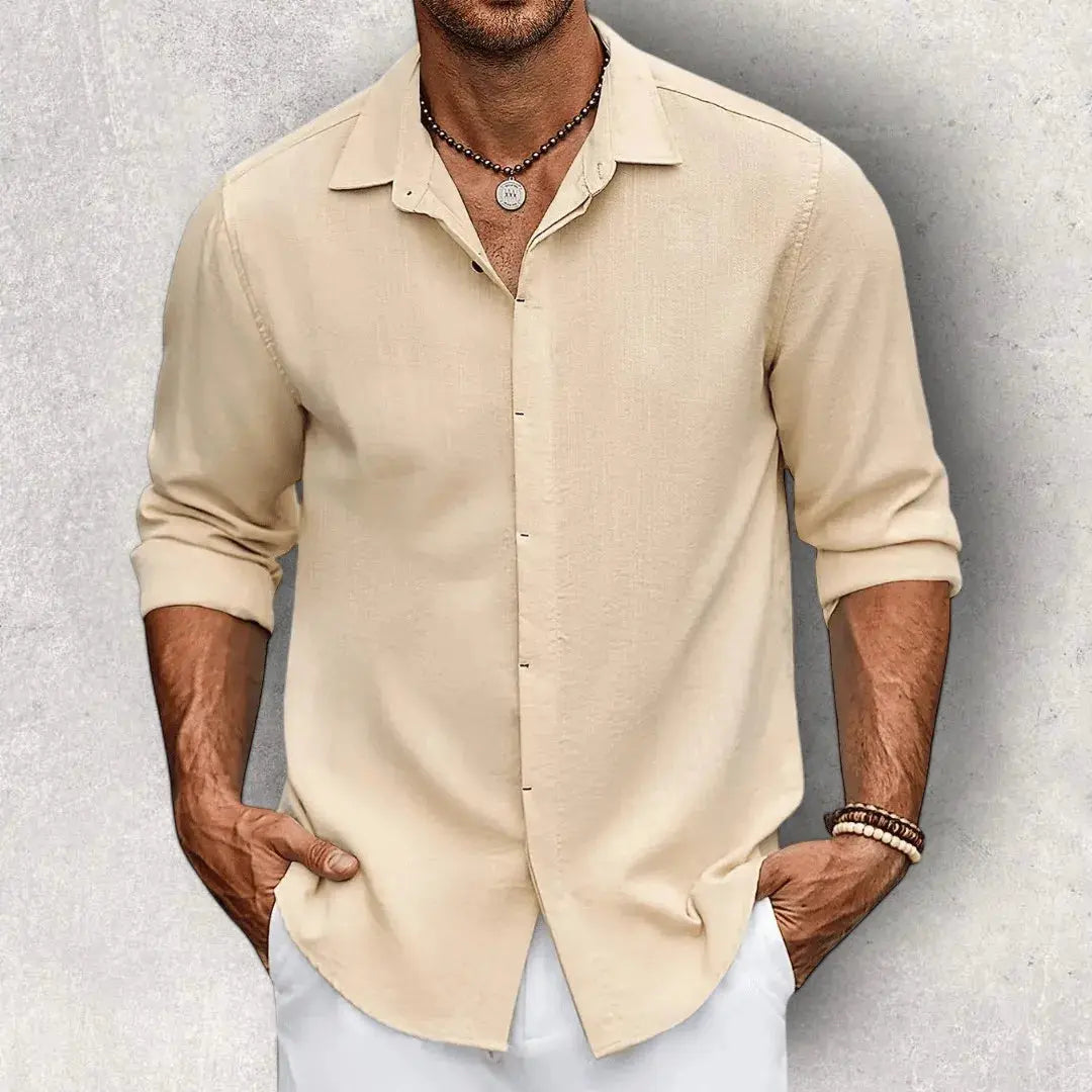 Chemise Homme Slim Fit Mélange Coton Lin Respirant Bleu Ciel Confort Supérieur Pour Homme
