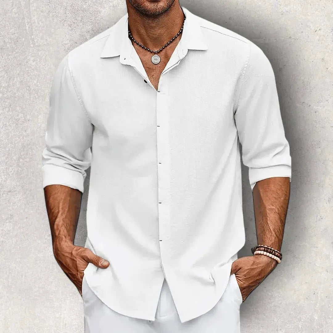 Chemise Homme Slim Fit Mélange Coton Lin Respirant Bleu Ciel Confort Supérieur Pour Homme