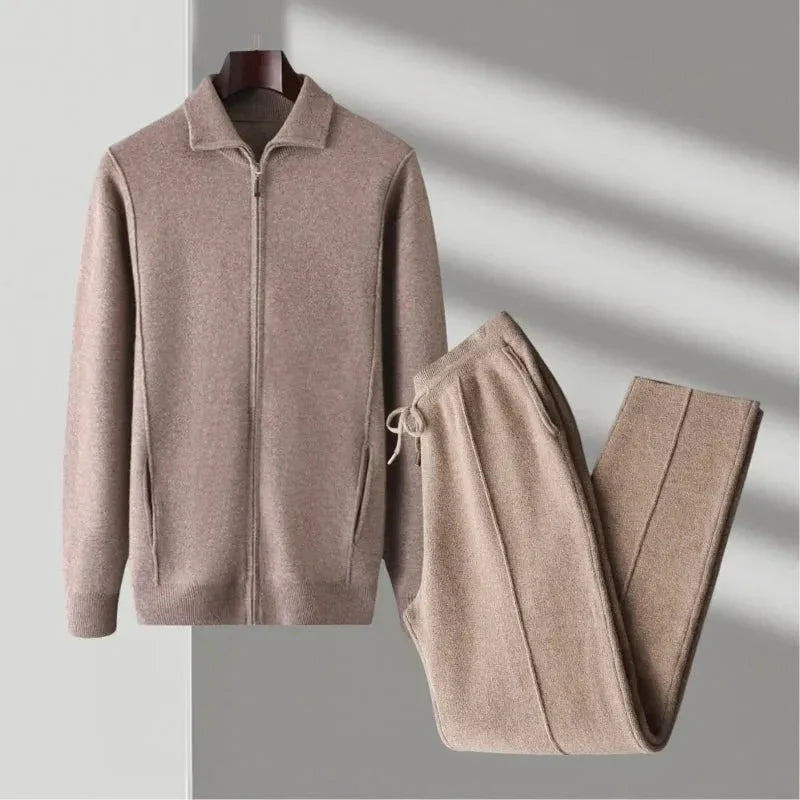 Ensemble En Laine Mérinos Franklin Veste Zippée À Côtes Poches Latérales Pantalon Assorti À Taille À Cordon
