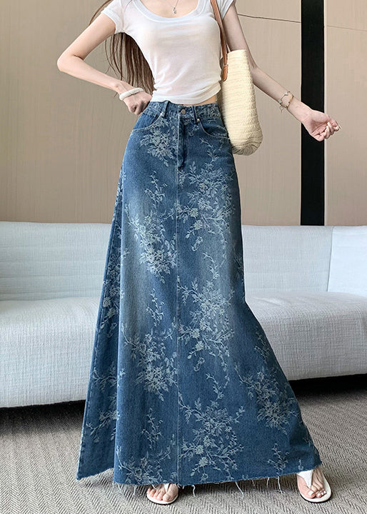 Jupes en jean bleu français taille haute avec poches brodées pour l'automne - Amawinc
