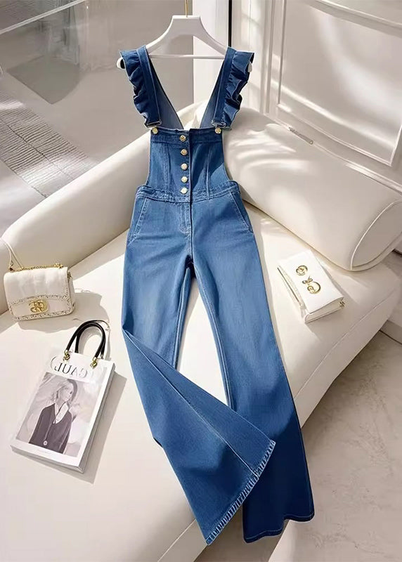 Combinaison salopette en jean bleu français à volants pour l'automne - Amawinc