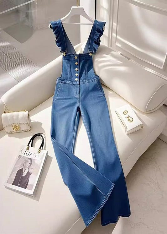 Combinaison salopette en jean bleu français à volants pour l'automne - Amawinc