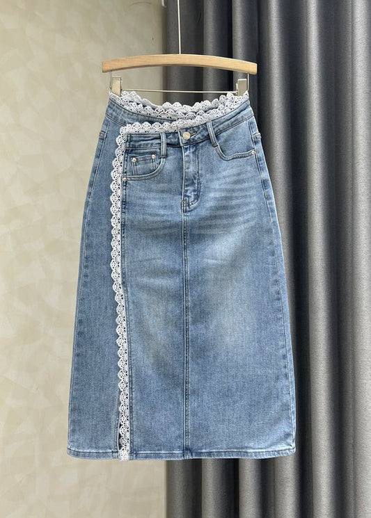 Jupes en jean patchwork en dentelle bleue française ouvertes sur le côté pour l'automne - Amawinc