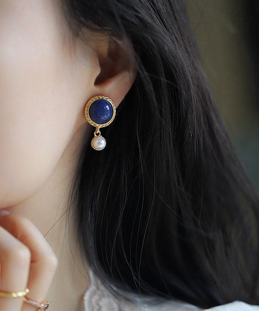 Boucles d'oreilles à tige en alliage d'argent sterling et perles bleues françaises - Amawinc