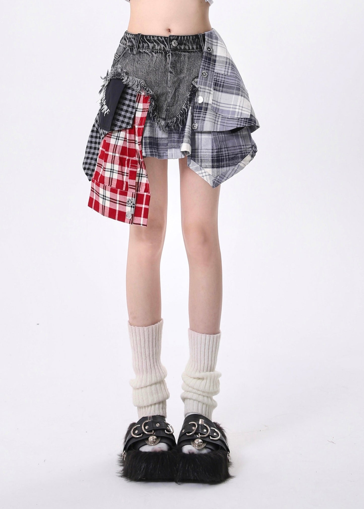 Jupe courte en jean patchwork asymétrique gris français pour l'été - Amawinc