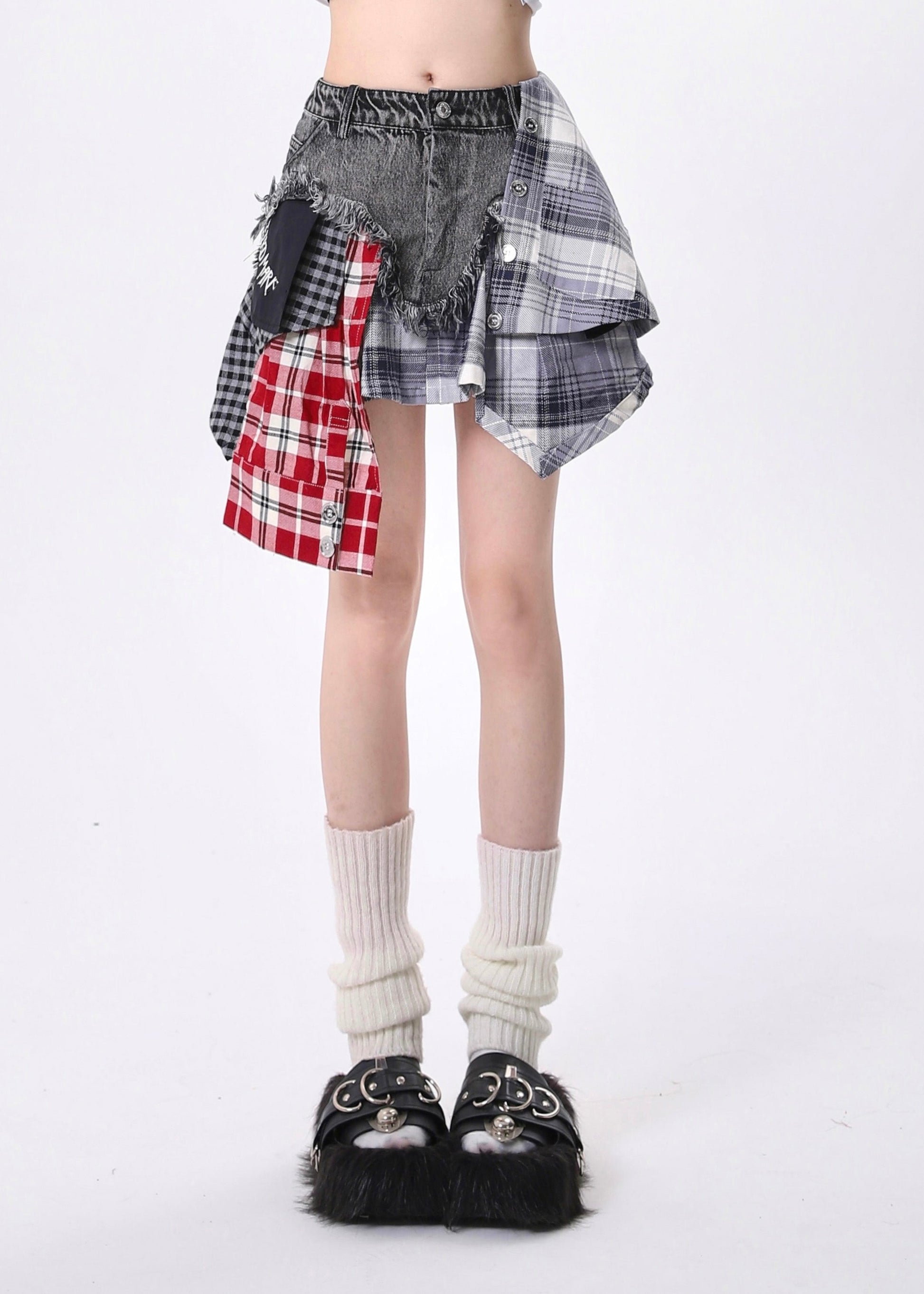 Jupe courte en jean patchwork asymétrique gris français pour l'été - Amawinc