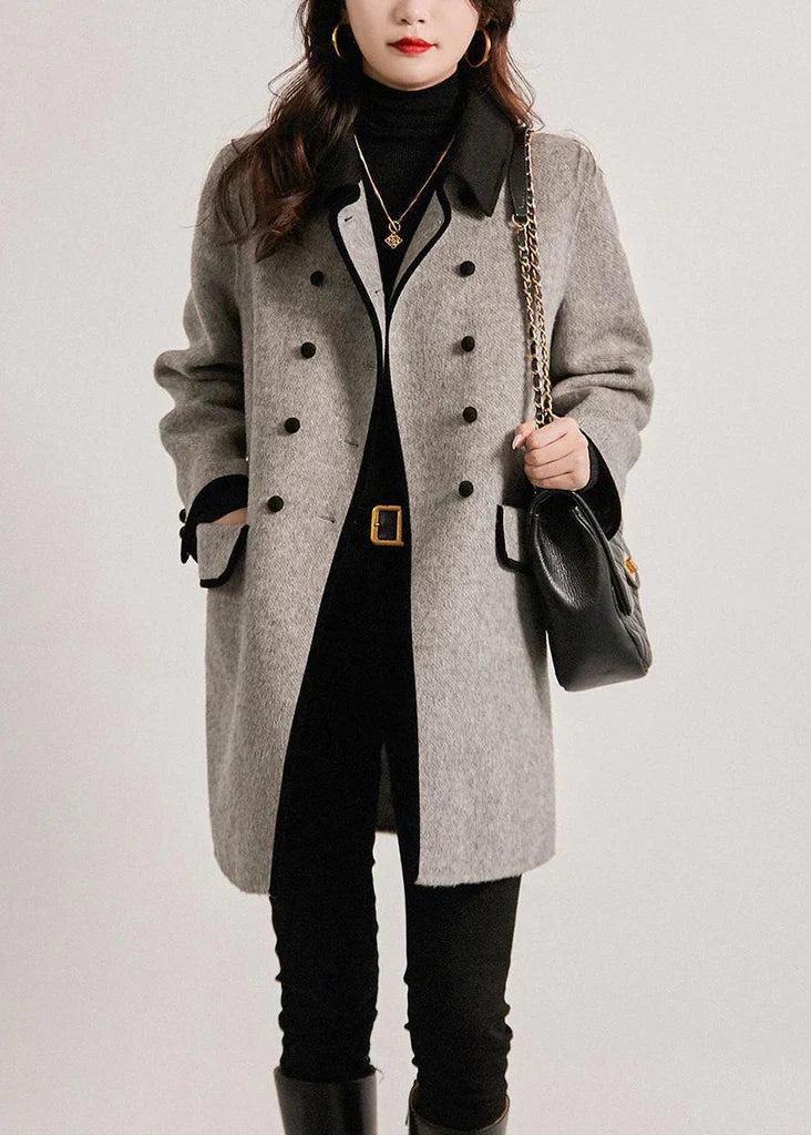 Manteau Femme en Laine Double Boutonnage Coupe Décontractée Col Revers Longueur Mi Cuisse