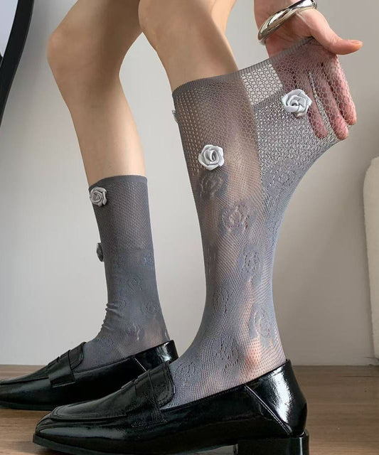 Chaussettes montantes en dentelle ajourée respirante à motif floral rose, style français - Amawinc