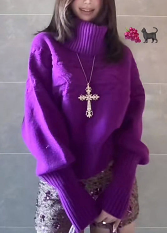 Pulls en maille épaisse violets à col montant pour le printemps - Amawinc
