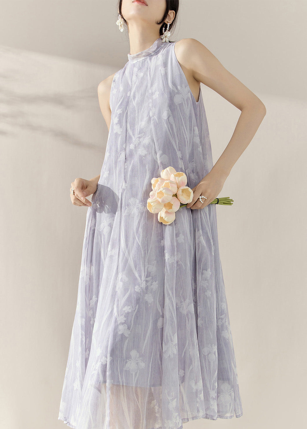 Robe longue d'été en tulle violet à col roulé et imprimé - Amawinc