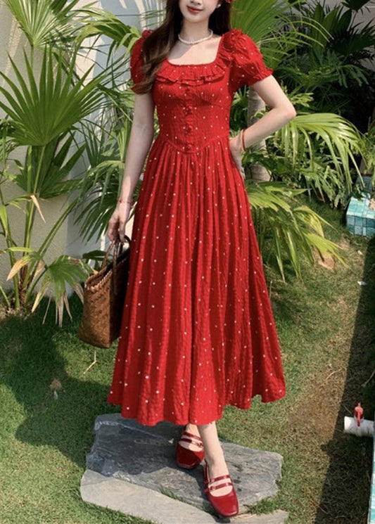 Robe d'été en coton à imprimé pois et volants, col carré rouge français - Amawinc