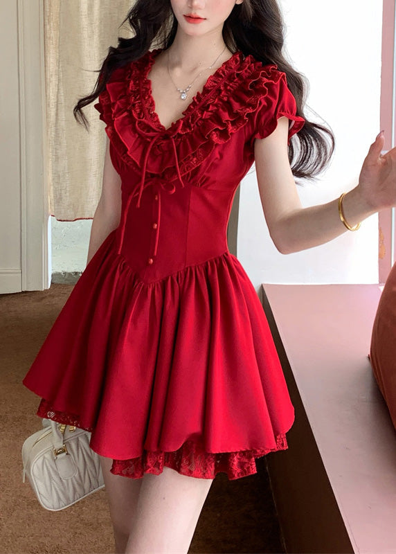 Robe mi-longue rouge à volants et col en V en coton patchwork pour l'été - Amawinc