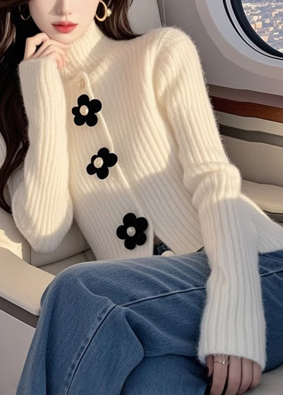 Pull en maille florale blanc à col montant, haut de printemps - Amawinc