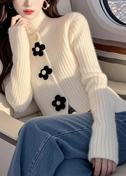 Pull en maille florale blanc à col montant, haut de printemps - Amawinc