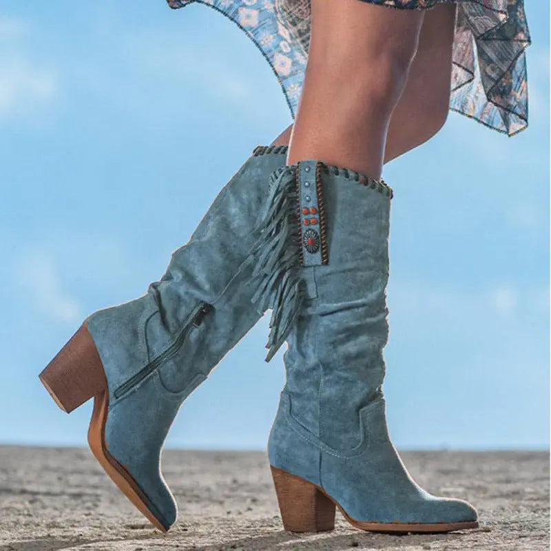 Bottes Hautes à Franges Pour Femme Amawinc en Suède Premium Style Unique Confort Avec Talons 6 à 8 cm