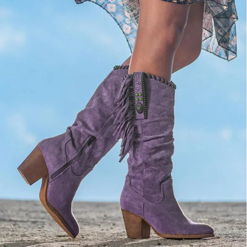 Bottes Hautes à Franges Pour Femme Amawinc en Suède Premium Style Unique Confort Avec Talons 6 à 8 cm