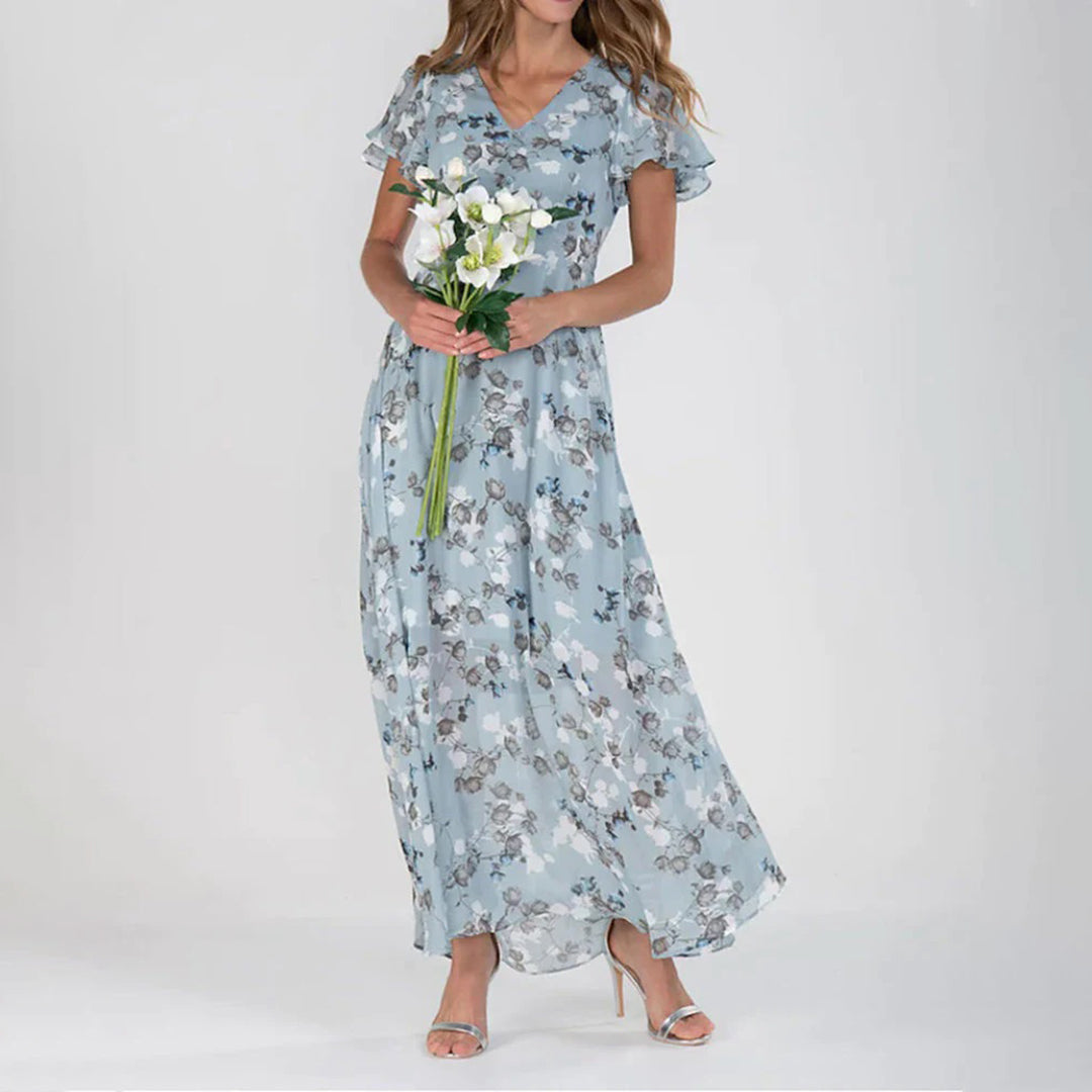Robe Maxi Femme Imprimé Floral Décolleté en V Manches Courtes à Volants Élégante et Aérée