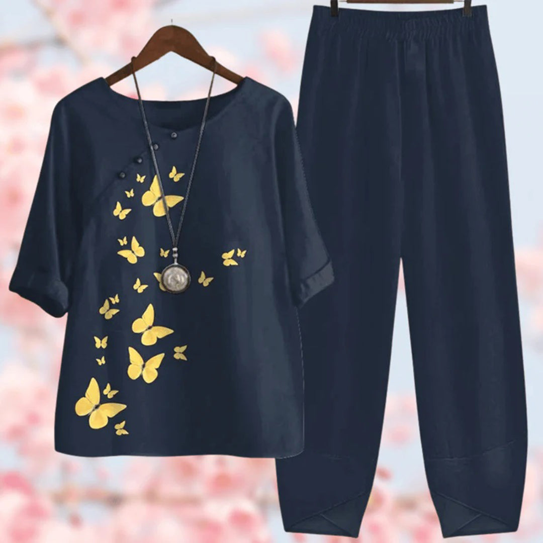 Ensemble Femme Floral Haut Bouton Détail Manches 3/4 Pantalon Large Taille Élastique