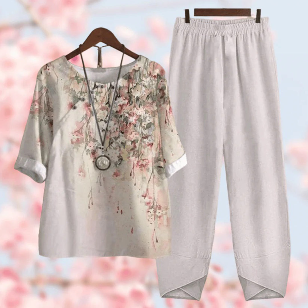Ensemble Femme Floral Haut Bouton Détail Manches 3/4 Pantalon Large Taille Élastique
