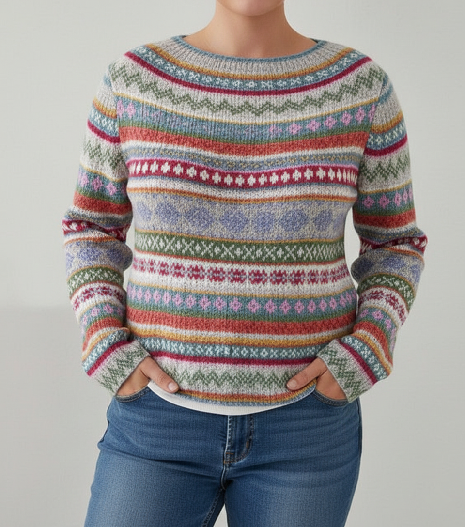Damen Mehrfarbiger Gemusterter Strickpullover | Große Größen